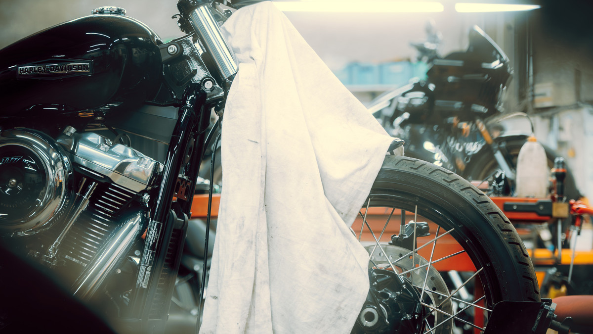 Inside the Harley-Davidson Macadam Moto workshop, Montpellier. Build in progress- side