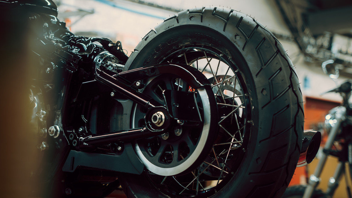 Inside the Harley-Davidson Macadam Moto workshop, Montpellier. Build in progress- tyre